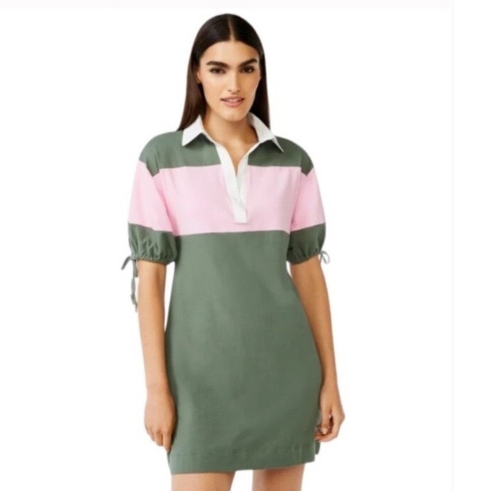 Free Assembly Womens Rugby Dress Green Pink Stripe Puff Sleeve Size M NWT